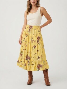Vintage 90s Don’t Mess With Texas Yellow Western Cowboy Tiered Rayon Skirt M